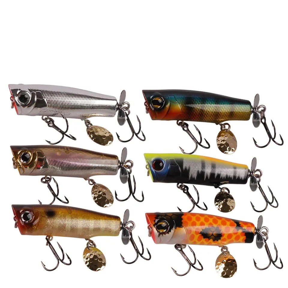 Wholesale 7cm 12.2g Top Water Popper Fishing Lure Artificial Bait Rotating Tail Fishing Tackle Peche VMC Hooks